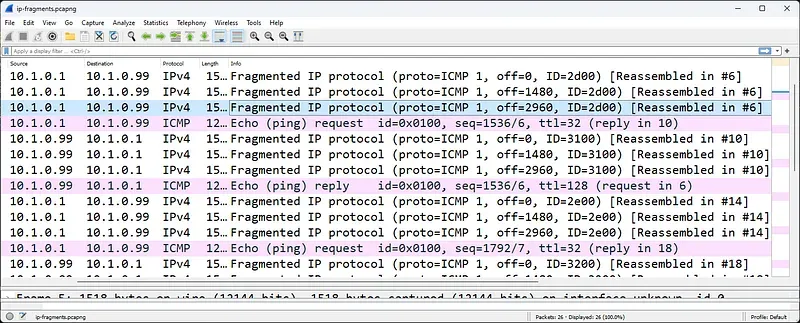 Wireshark ile IP Parçalarının ve Offset Değerinin Yeniden Birleştirilmesi