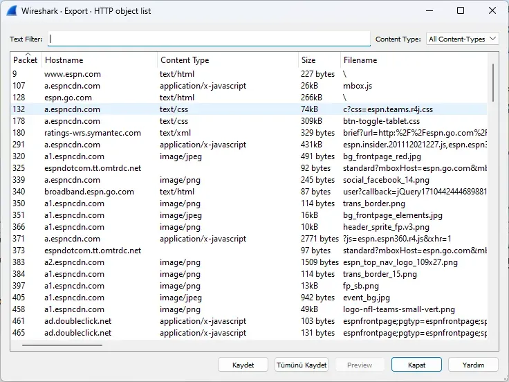 Wireshark HTTP Nesnelerini Dışa Aktarma Arayüzü