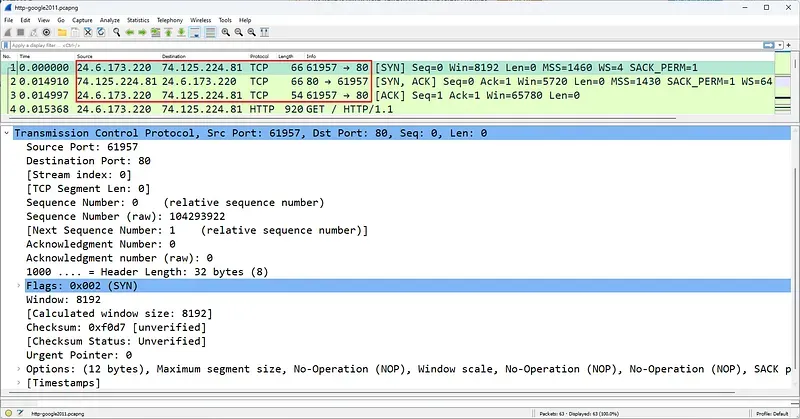 Wireshark Üzerinde Üç Yönlü TCP El Sıkışması Paketleri